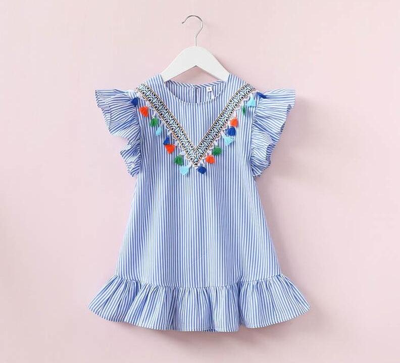 Girls Striped Dress with Tassels Lotus Leaf Sleeve Round Neck V Design Baby Girls Skirt Outfit 3-7T - Click Image to Close